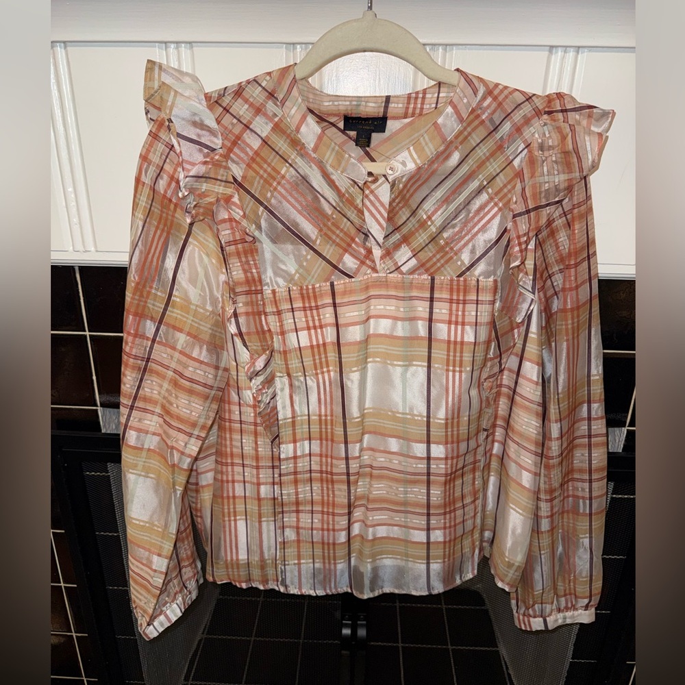 Anthropologie X Current Air plaid ruffle sleeve keyhole blouse